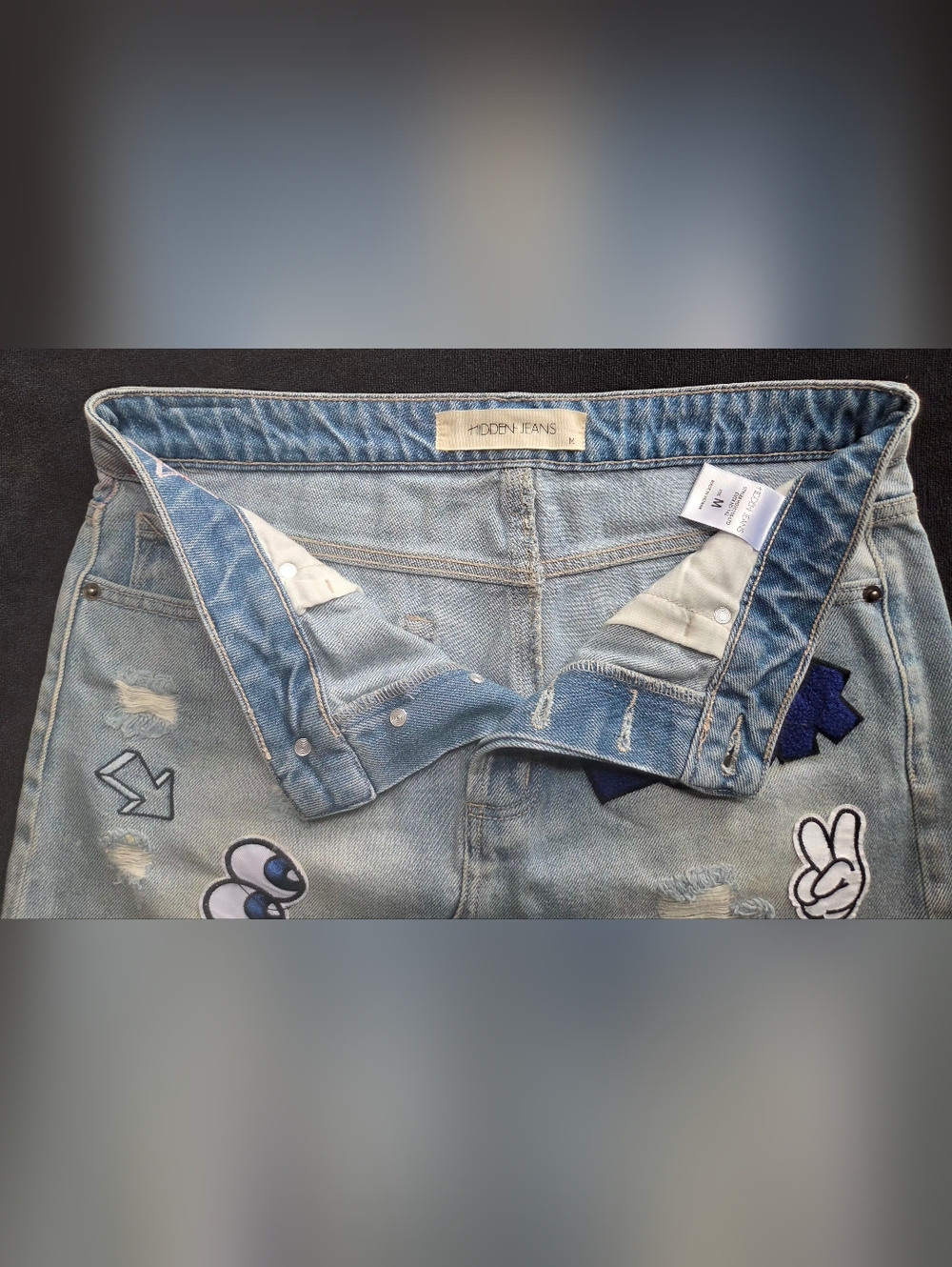 Hidden Jeans Light Wash Distressed Denim Mini Skirt with Fun Patches - Picture 3 of 11